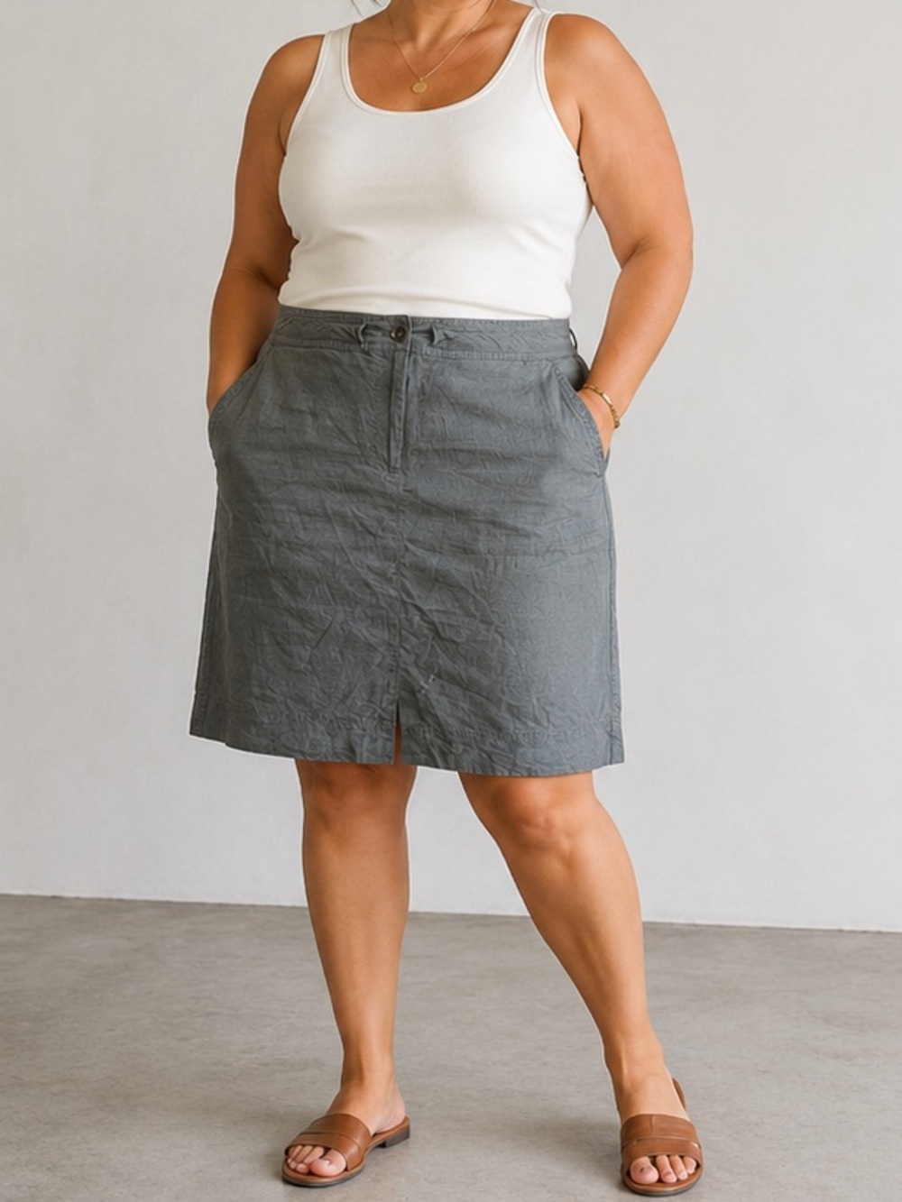 Talbots Pure Irish Linen Skirt Womens 14 Olive A-Line Knee Length Minimalist
